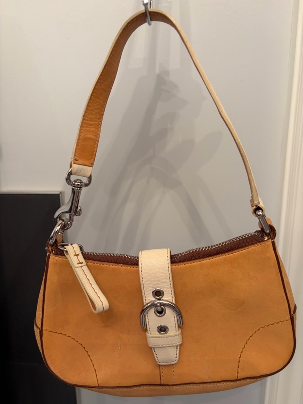 Auth COACH Tan Leather Small Buckle Demi Bag Purse